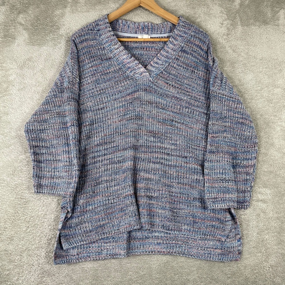 J Jill Sweater Womens Small Blue Space Dye‎ V Neck Knit Pullover Coastal Tunic